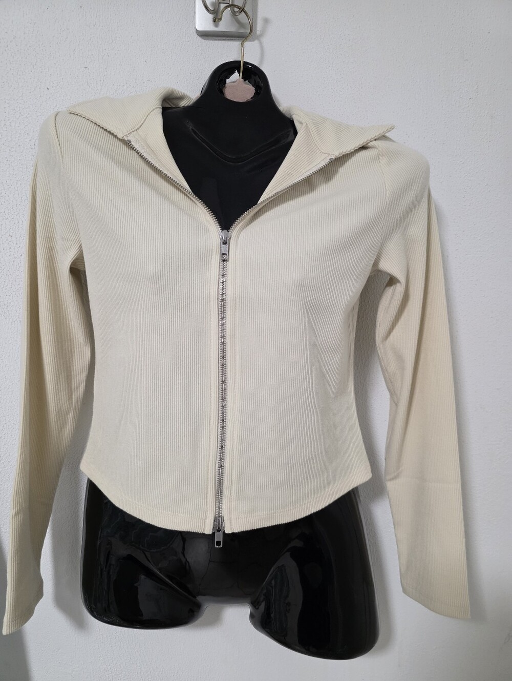 a new day Cream Ribbed Zip Jacket with Stand Collar
